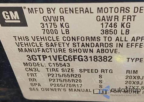 2015 GMC Sierra 1500 Slt from USA, damaged, VIN 3GTP1VEC6FG318382
